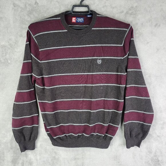 Mens Chaps Burgundy & Gray Striped Sweater 100% Cotton Crewneck Long Sleeve L - Picture 2 of 12